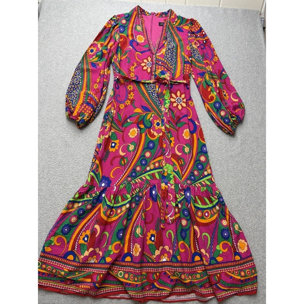 Adrianna Papell Womens Maxi Dress Size 6 Paisley Boho V Neck Balloon Sleeve - Picture 7 of 16